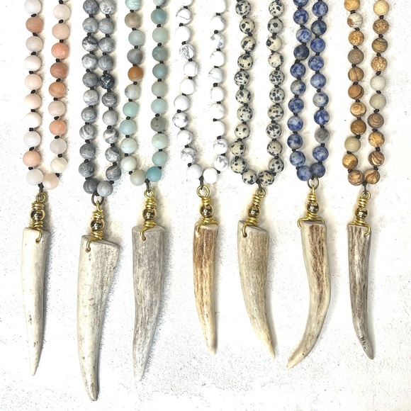 Deer Antler Gemstone Necklace. Gray Jasper - Picture 3 of 5